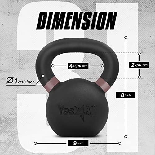 Yes4All Powder Coated Kettlebell, Cast Iron Core Kettlebells with Non-Slip Handle & Flat Bottom for Conditioning, Heavy Duty for Strength Training, 9lb to 71lb - Single & Pair