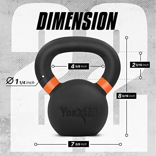 Yes4All Powder Coated Kettlebell, Cast Iron Core Kettlebells with Non-Slip Handle & Flat Bottom for Conditioning, Heavy Duty for Strength Training, 9lb to 71lb - Single & Pair