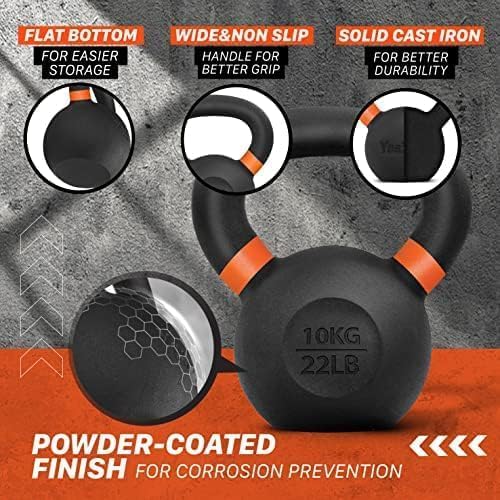 Yes4All Powder Coated Kettlebell, Cast Iron Core Kettlebells with Non-Slip Handle & Flat Bottom for Conditioning, Heavy Duty for Strength Training, 9lb to 71lb - Single & Pair