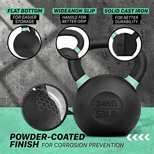 Yes4All Powder Coated Kettlebell, Cast Iron Core Kettlebells with Non-Slip Handle & Flat Bottom for Conditioning, Heavy Duty for Strength Training, 9lb to 71lb - Single & Pair