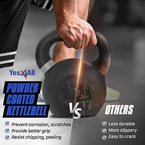 Yes4All Powder Coated Kettlebell, Cast Iron Core Kettlebells with Non-Slip Handle & Flat Bottom for Conditioning, Heavy Duty for Strength Training, 9lb to 71lb - Single & Pair