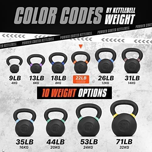 Yes4All Powder Coated Kettlebell, Cast Iron Core Kettlebells with Non-Slip Handle & Flat Bottom for Conditioning, Heavy Duty for Strength Training, 9lb to 71lb - Single & Pair