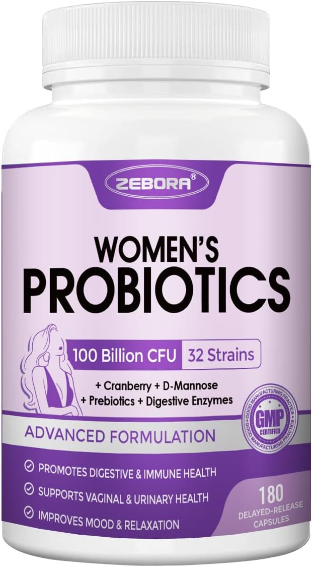 ZEBORA Probiotics for Women Digestive Health with Enzymes, Prebiotics, Vaginal Probiotics, D Mannose & Cranberry, 100 Billion CFUs Probiotic for Gut Health & Urinary Tract Balance, 180 Veggie Capsules