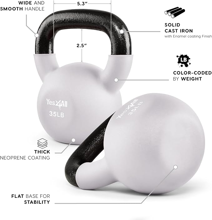 Yes4All Kettlebell, 5-65 LB Neoprene Coated Cast Iron Kettlebells, Wide Grip Handle & Flat Bottom for Swings, Squats, Deadlifts, Push Ups & Full Body Training at Home Gym - Single & Set