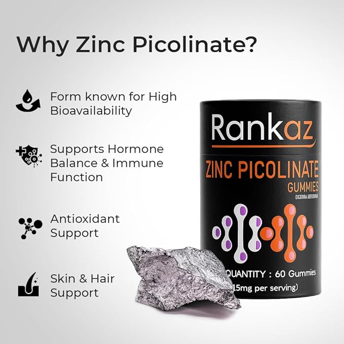 Zinc Gummies - Zinc Picolinate 15mg, Highly Absorbable Supplement for Men and Women, 60 Gummies