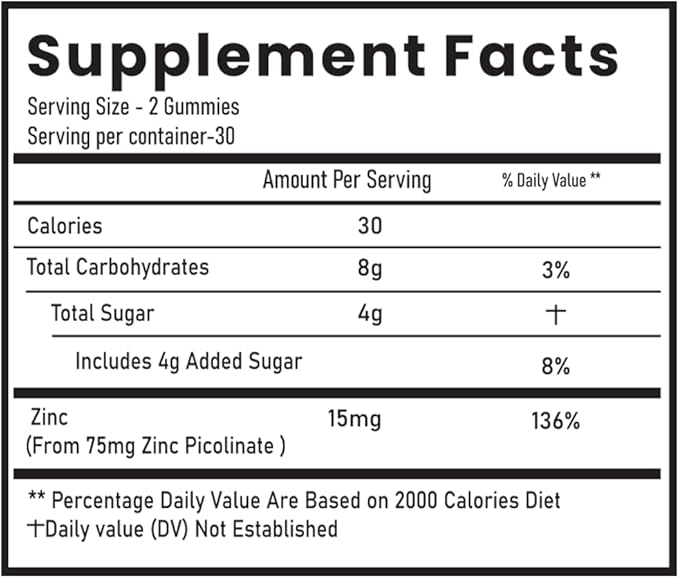 Zinc Gummies - Zinc Picolinate 15mg, Highly Absorbable Supplement for Men and Women, 60 Gummies