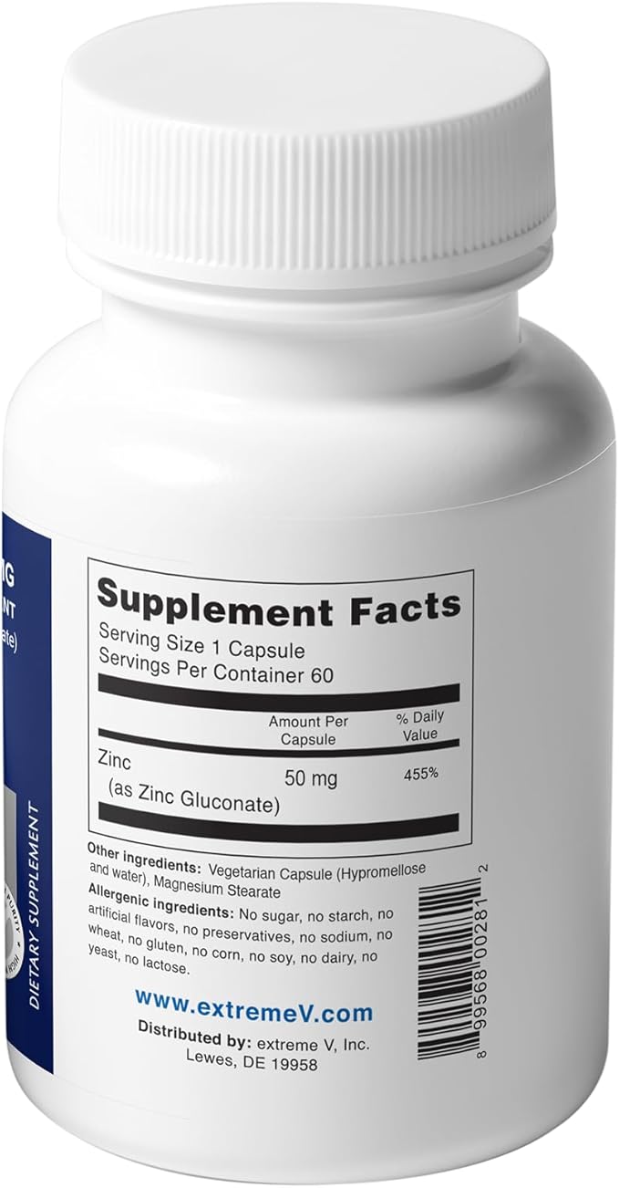 Zinc MG50 | Clean-Label 50MG Elemental Zinc Gluconate Supplement | No Fillers, Vegan Capsule, 60 Count