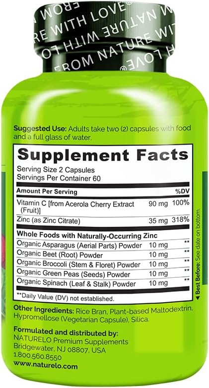 NATURELO Vegan Zinc Immune Support Capsules - Whole Food Complex with Vitamin C for Healthy Skin, Hair, and Nails - 120 Capsules