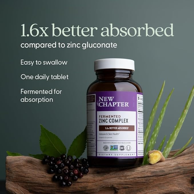 New Chapter Zinc Supplement, Fermented Zinc Complex, ONE Daily for Immune Support + Skin Health, Mineral-Balancing Formula Rich in Copper, Easy to Swallow & Digest, 60 Count (2 Month Supply)
