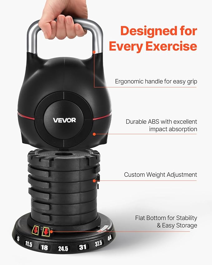 VEVOR Kettlebell, Adjustable Kettlebell with 7 Weight Levels, Die-Cast Aluminum and ABS Material, for Grip Strength Training, Full-body Workout & Cross-Training
