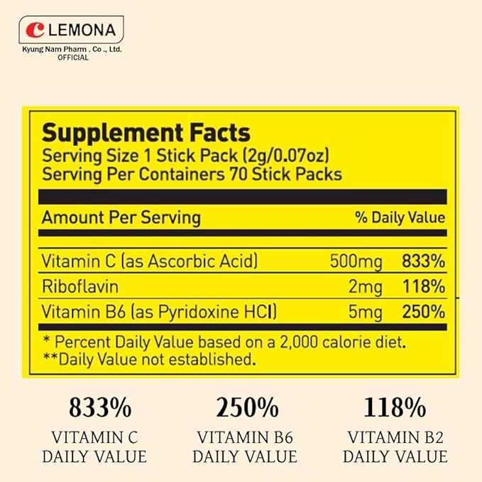 LEMONA Official Vitamin C Powder 500mg Korean Supplements Immune Support B6, B2, On-The-Go Packets Vitamin Healthy Living, Easy to Take Daily Energy Boost Korean Food Snacks Lemon (70Sticks)