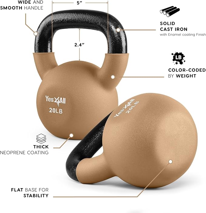 Yes4All Kettlebell, 5-65 LB Neoprene Coated Cast Iron Kettlebells, Wide Grip Handle & Flat Bottom for Swings, Squats, Deadlifts, Push Ups & Full Body Training at Home Gym - Single & Set