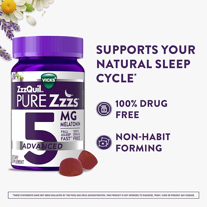 ZzzQuil Pure Zzzs Melatonin Gummies, Melatonin 5mg, Sleep Aid, with Chamomile & Lavender, Melatonin Sleep Gummies, Sleep Aids for Adults, Berry Flavored, 60 Sleep Gummies