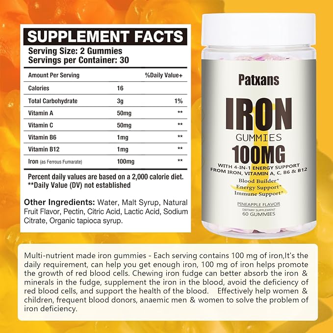 2 Packs 100MG Iron Supplement Gummies for Women & Men - with Vitamin A, C, B - Energy Support for Iron Deficiency, Anemia, Adults & Children, Pineapple Flavor Gummy, 120ct