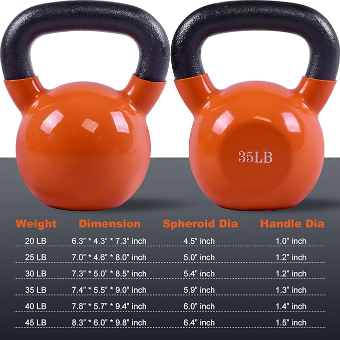 20, 25, 30, 35, 40, 45 Lbs Kettlebell Iron Sand Filled Weights for Women and Men, Orange Kettlebells with Smooth PP Material Surface and Non-slip Handle, Multiple Sizes and Weights