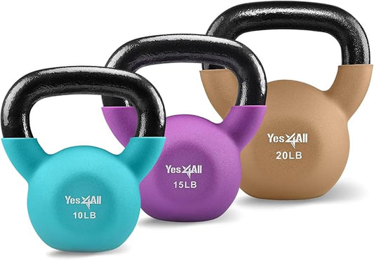 Yes4All Kettlebell, 5-65 LB Neoprene Coated Cast Iron Kettlebells, Wide Grip Handle & Flat Bottom for Swings, Squats, Deadlifts, Push Ups & Full Body Training at Home Gym - Single & Set