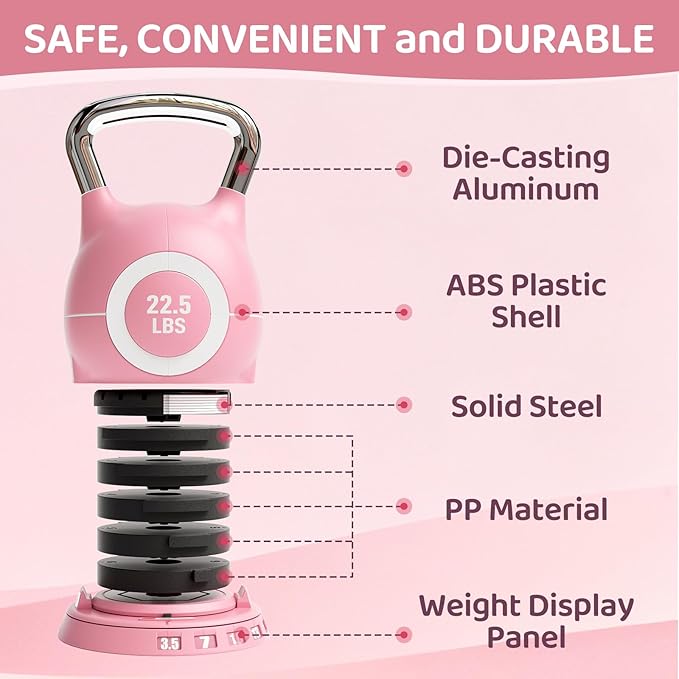 LIFERUN Adjustable Kettlebell Weight Set, 7 Weights, 22.5 lb or 44 lb, Quick-Change Handle for Home Gym, Space-Saving Design for Strength Training