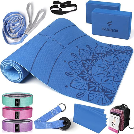 1/3 Yoga Mat Thick, Yoga Kit and Sets for Beginners Include High Density Yoga Mat with Multi-loops Yoga Strap, Yoga Blocks, Booty Resistance Band Set & Door Anchor