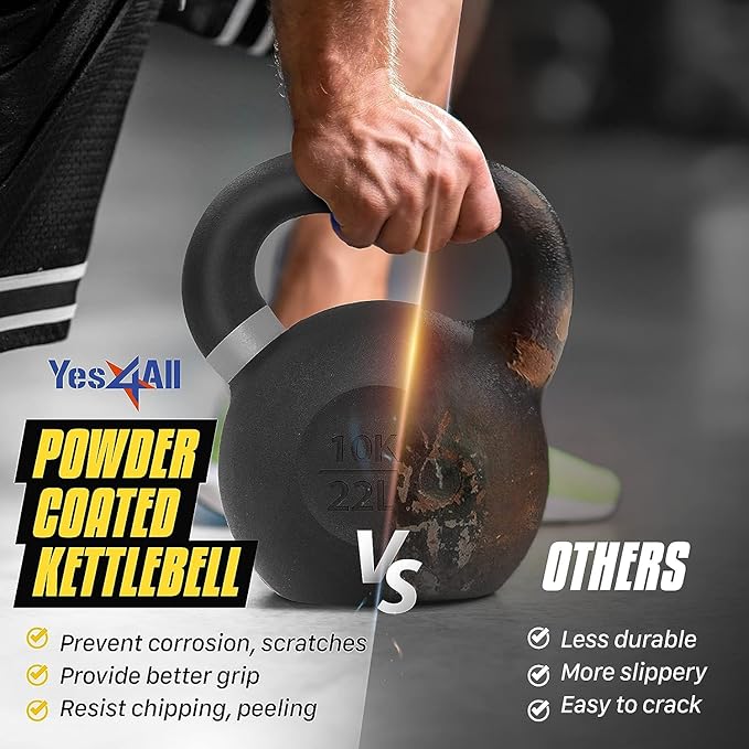 Yes4All Powder Coated Kettlebell, Cast Iron Core Kettlebells with Non-Slip Handle & Flat Bottom for Conditioning, Heavy Duty for Strength Training, 9lb to 71lb - Single & Pair