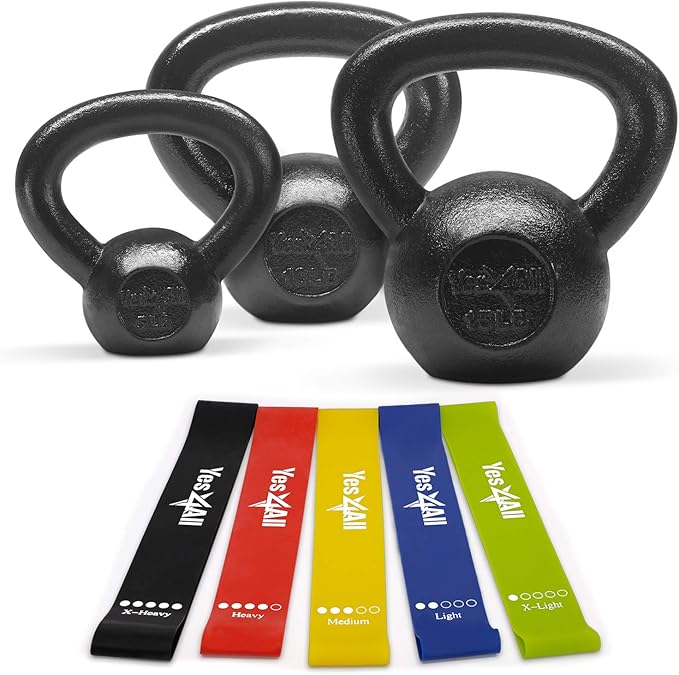 Yes4All Kettlebell Sets, 5 - 10 - 15 - 20 - 25 - 30 LB Cast Iron Strength Training Kettlebells, Wide Handles & Flat Bottom, Multi-Level from Beginners to Pros for Strength Training & Home Gym