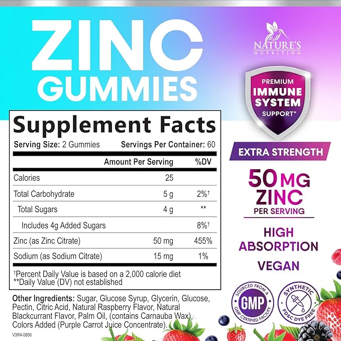 Zinc Gummies 50mg - Bone Skin & Immune Support Health Gummy & Premium Antioxidant Chewable for Adults - High Absorption Vegan, Gluten Free Zinc Supplements Vitamin - Tasty Berry Flavor - 120 Gummies