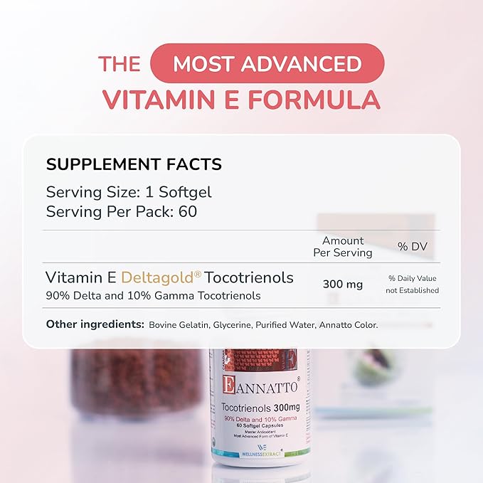 Eannatto Tocotrienols Vitamin E Supplements Tocopherol Free, Supports Immune Health, Non-GMO, Gluten Free & Antioxidant (300MG 60 Softgels)
