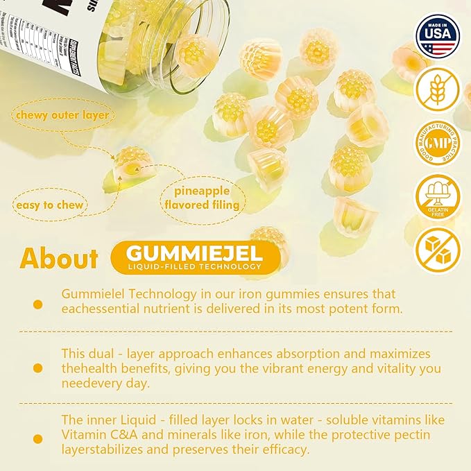 1 Pack 100MG Iron Supplement Gummies for Women & Men - with Vitamin A, C, B - Energy Support for Iron Deficiency, Anemia, Adults & Children, Pineapple Flavor Gummy, 60ct