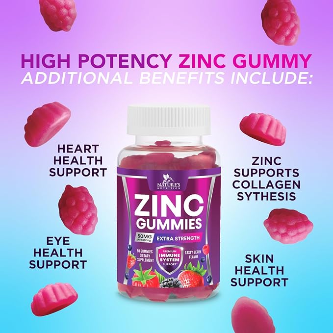 Zinc Gummies 50mg - Bone Skin & Immune Support Health Gummy & Premium Antioxidant Chewable for Adults - High Absorption Vegan, Gluten Free Zinc Supplements Vitamin - Tasty Berry Flavor - 60 Gummies