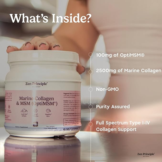 Zen Principle Marine Collagen Peptides Powder with OptiMSM® Supplement. Clinically Tested for Skin Support. Wild-Caught Fish, Non-GMO. Container 16 oz