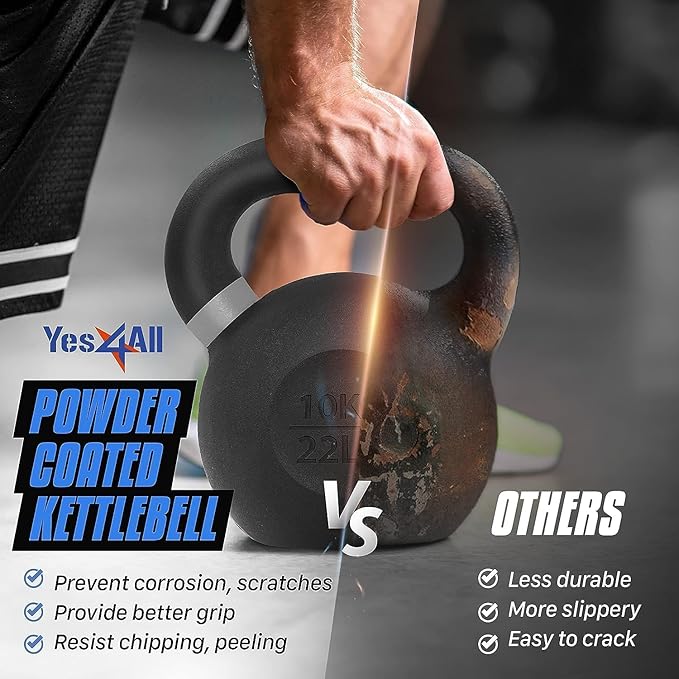 Yes4All Powder Coated Kettlebell, Cast Iron Core Kettlebells with Non-Slip Handle & Flat Bottom for Conditioning, Heavy Duty for Strength Training, 9lb to 71lb - Single & Pair