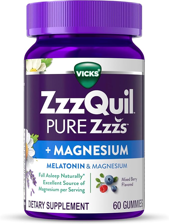 ZzzQuil Pure Zzzs + Magnesium, Sleep Aid, Magnesium Citrate and Melatonin Gummies, Melatonin 2mg, Sleep Aids for Adults, Mixed Berry Flavored, 60 Sleep Gummies