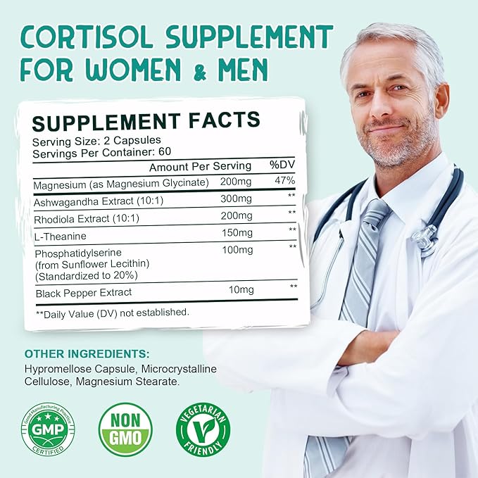 Cortisol Supplement for Women & Men, Cortisol Reducer Detox Manager, Ashwagandha/Rhodiola Rosea/Magnesium and L-theanine Complex for Mood/Focus & Sleep- 60 Day Vegan Supply