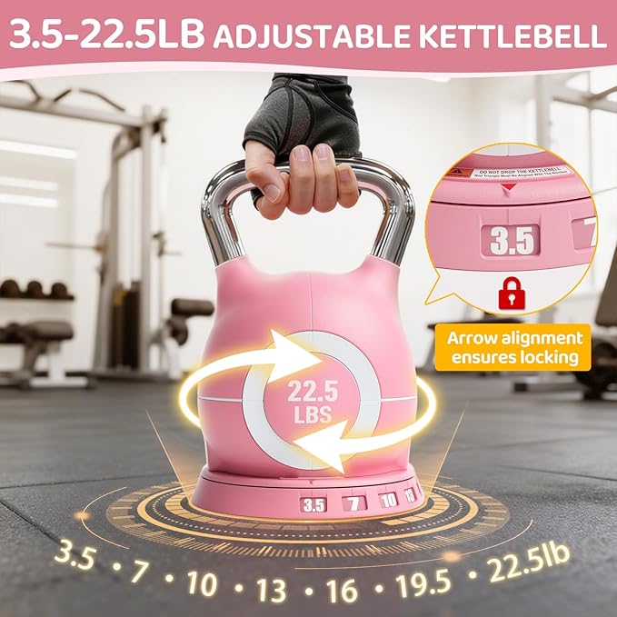 LIFERUN Adjustable Kettlebell Weight Set, 7 Weights, 22.5 lb or 44 lb, Quick-Change Handle for Home Gym, Space-Saving Design for Strength Training