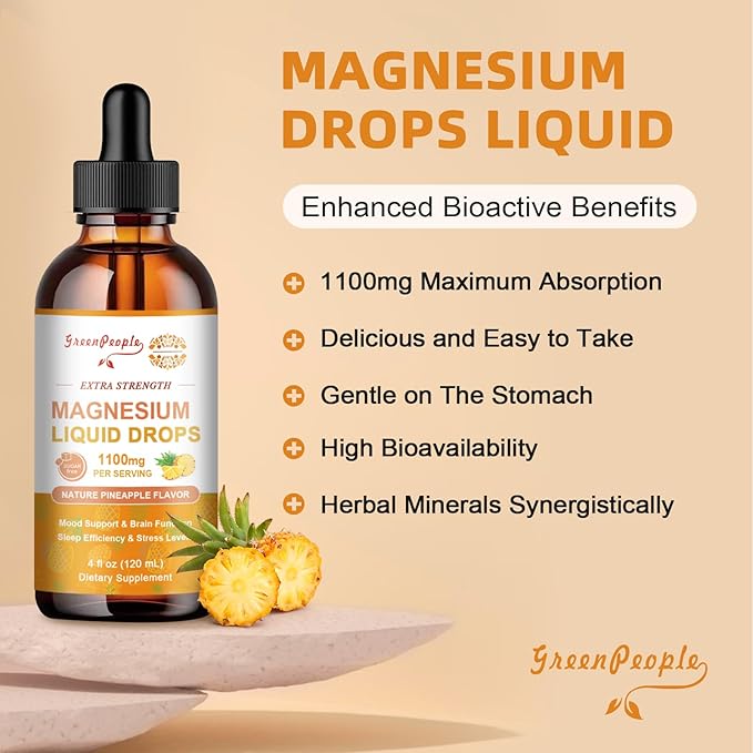 17-in-1 Triple Magnesium Complex Supplement,Magnesio Liquid Drops with Magnesium Glycinate & Citrate,Pineapple Flavor,Calm Mood,Muscle & Sleep for Adults,4 fl. oz 2Pack