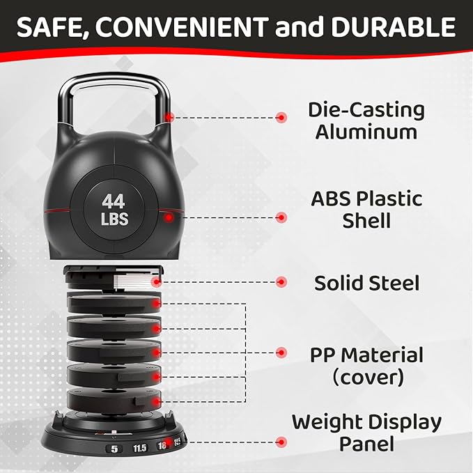 LIFERUN Adjustable Kettlebell Weight Set, 7 Weights, 22.5 lb or 44 lb, Quick-Change Handle for Home Gym, Space-Saving Design for Strength Training