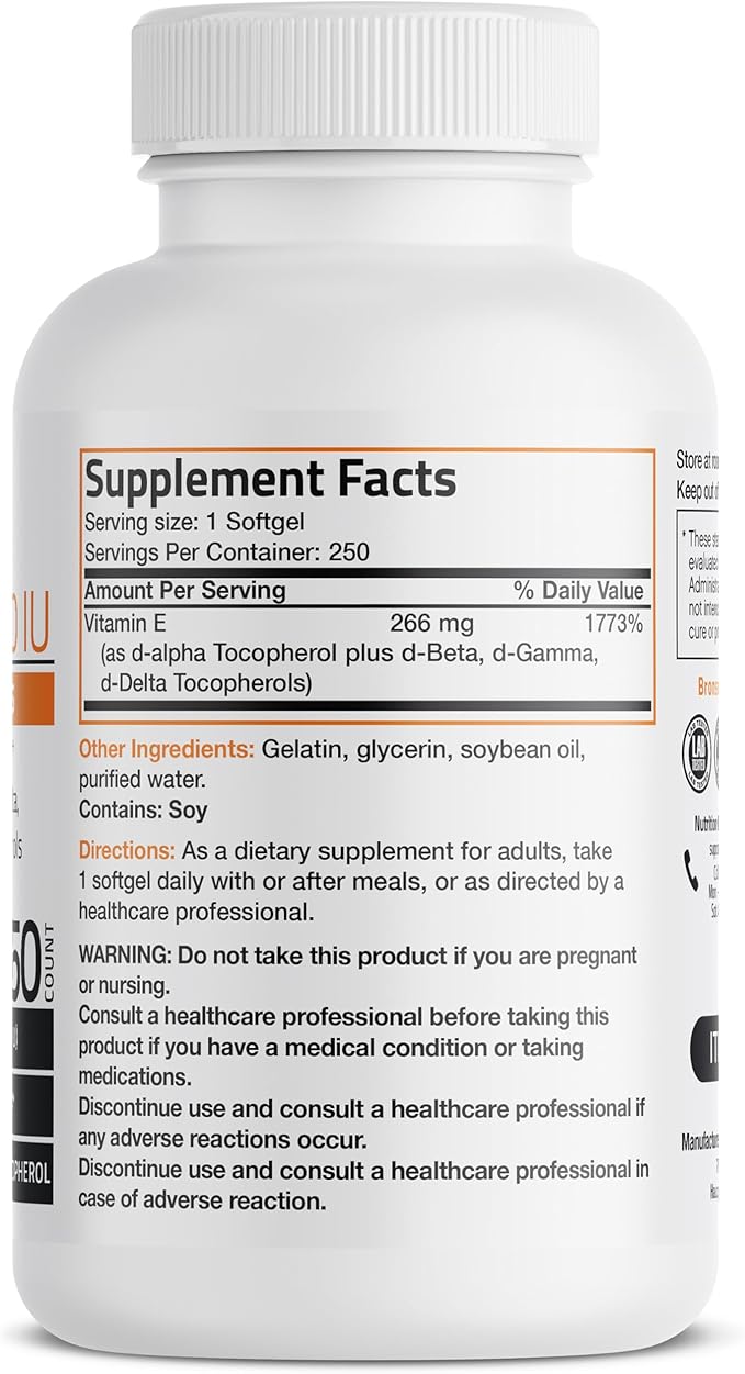 Bronson Natural Vitamin E Complex 400 I.U. Supplement (d-Alpha Tocopherol Plus d-Beta, d-Gamma, & d-Delta Tocopherols), Natural Antioxidant, 250 Softgels