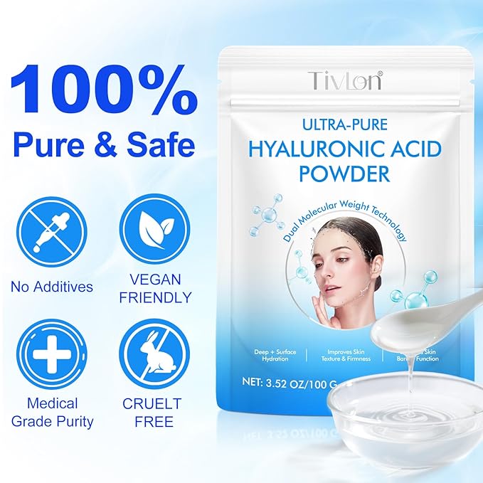 2PCS Hyaluronic Acid Powder, Hyaluronic Acid Supplements for Skin Care, Cosmetic Grade, Low Molecular Weight, Water-Soluble DIY Facial Serum for Face Hydration & Moisture
