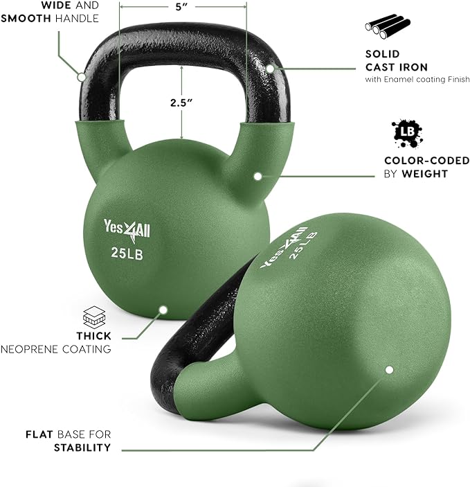 Yes4All Kettlebell, 5-65 LB Neoprene Coated Cast Iron Kettlebells, Wide Grip Handle & Flat Bottom for Swings, Squats, Deadlifts, Push Ups & Full Body Training at Home Gym - Single & Set