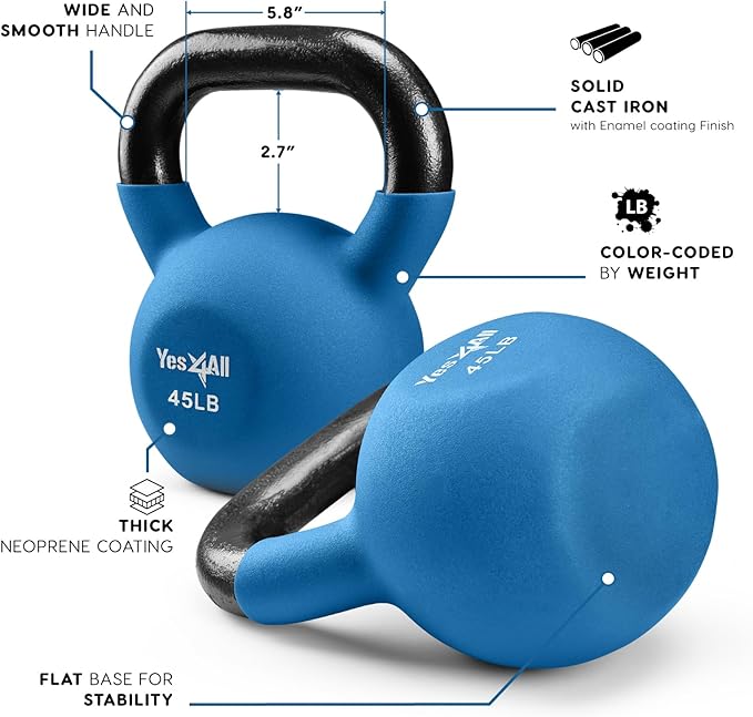Yes4All Kettlebell, 5-65 LB Neoprene Coated Cast Iron Kettlebells, Wide Grip Handle & Flat Bottom for Swings, Squats, Deadlifts, Push Ups & Full Body Training at Home Gym - Single & Set