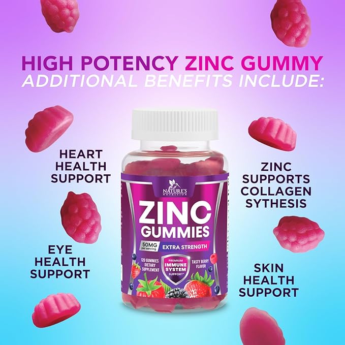 Zinc Gummies 50mg - Bone Skin & Immune Support Health Gummy & Premium Antioxidant Chewable for Adults - High Absorption Vegan, Gluten Free Zinc Supplements Vitamin - Tasty Berry Flavor - 120 Gummies