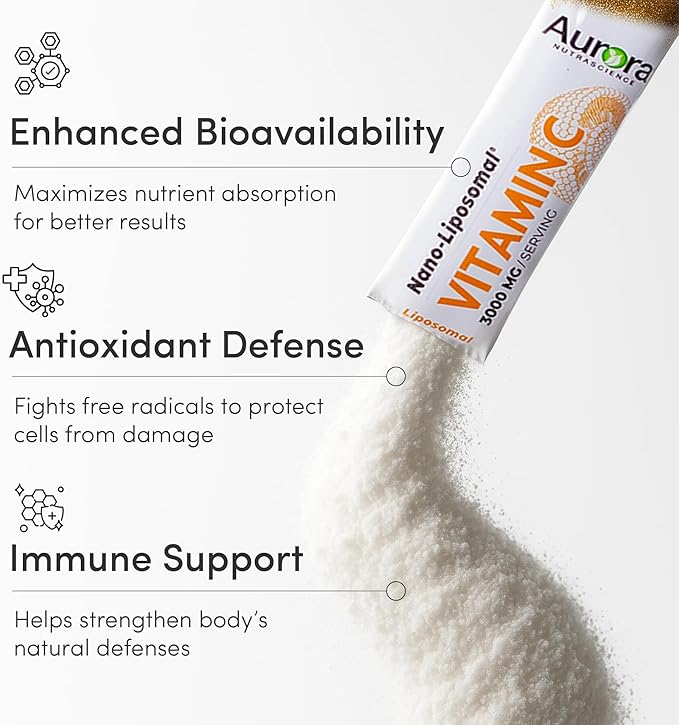 Aurora Nutrascience Nano-Pack Liposomal Vitamin C Powder Drink Mix, Immune Support, High Strength 3,000 mg Per Serving, 30 Single Serve Packets, Orange