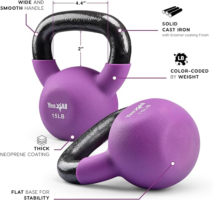 Yes4All Kettlebell, 5-65 LB Neoprene Coated Cast Iron Kettlebells, Wide Grip Handle & Flat Bottom for Swings, Squats, Deadlifts, Push Ups & Full Body Training at Home Gym - Single & Set