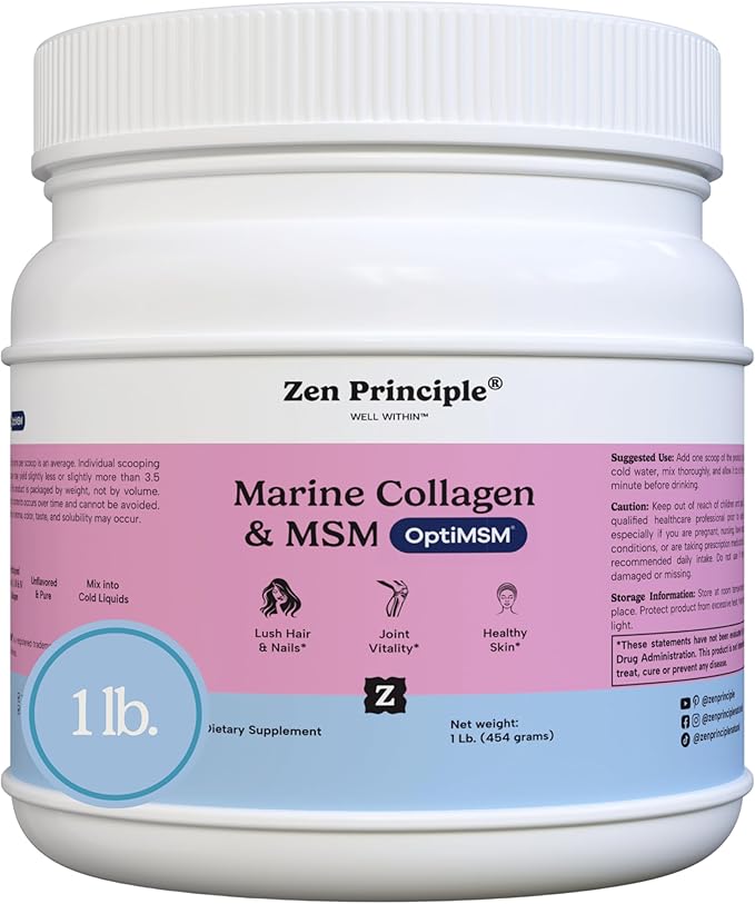 Zen Principle Marine Collagen Peptides Powder with OptiMSM® Supplement. Clinically Tested for Skin Support. Wild-Caught Fish, Non-GMO. Container 16 oz