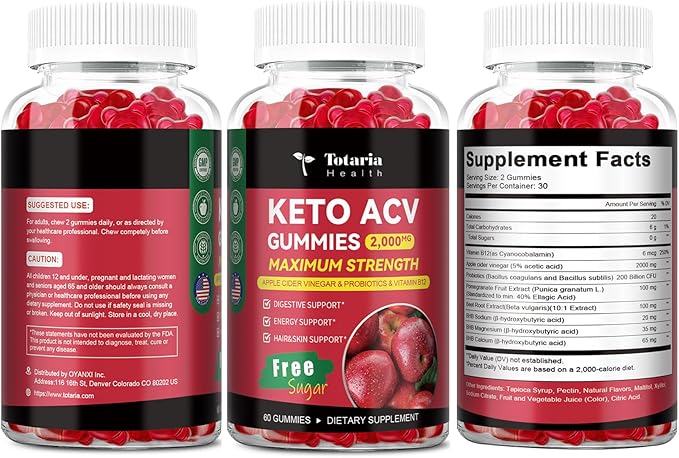 2 Pack Keto ACV Gummies - 4000mg Apple Cider Vinegar Gummies Sugar-Free with Probiotics, B12, Keto Supplements for Women & Men 120 Counts