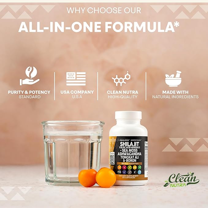 Clean Nutraceuticals Shilajit Supplement for Men with Sea Moss, Tongkat Ali, Ashwagandha, Boron, Zinc, CoQ10, PQQ - Fulvic Acid Capsules - Energy Support - 90 Count - Resin, Gummy & Powder Alternative