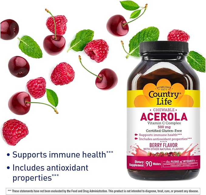 Country Life Acerola Vitamin C Complex, 500mg, Chewable Berry Flavored Wafers, Supports Immune Health, 90 Wafers, Certified Gluten Free by GFCO, Certified Vegan by AVA