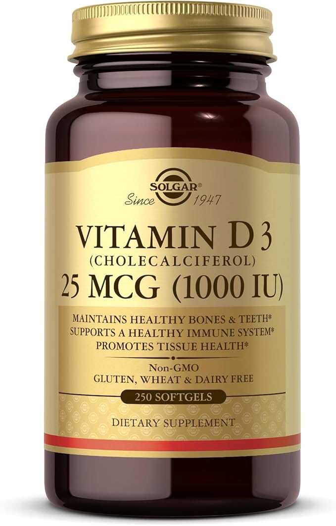 Solgar Vitamin D3 (Cholecalciferol) 25 MCG (1000 IU), 250 Softgels - Helps Maintain Healthy Bones & Teeth - Immune System Support - Non-GMO, Gluten-Free, Dairy Free - 250 Servings