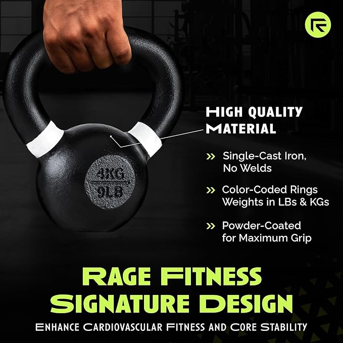Rage Fitness Single Cast Iron Kettlebell | Powder Coated - Wide Handle Weights for Core & Glute Workouts; Swings, Squats, Deadlifts; Strength, Endurance & Flexibility for Men & Women