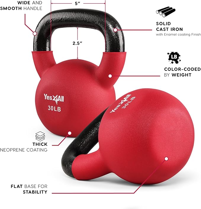 Yes4All Kettlebell, 5-65 LB Neoprene Coated Cast Iron Kettlebells, Wide Grip Handle & Flat Bottom for Swings, Squats, Deadlifts, Push Ups & Full Body Training at Home Gym - Single & Set