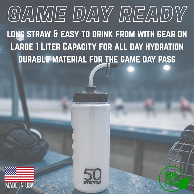 1 Liter Water Bottle with Straw | Hockey Water Bottle with Long Straw | Easy Squeeze Bottles + Built In Finger Grip | BPA-Free Sports Water Bottle for Football, Lacrosse & Boxing | Made in USA